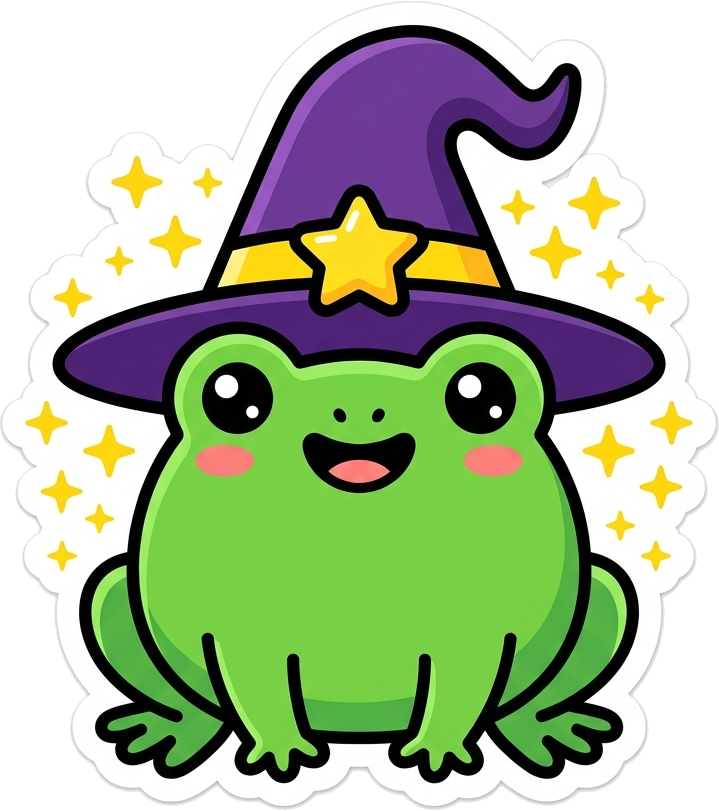 Ranita mágica con sombrero morado y estrellas
